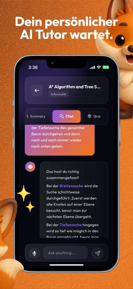 Superlearn App Interface mit KI-Tutor Chat