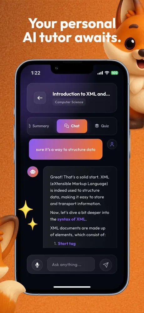 Superlearn app interface showing AI tutor chat